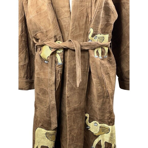 The African Star Long Suede Leather Coat Belted Embroidered Elephants XL Vintage - Picture 4 of 16